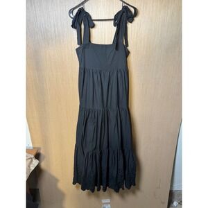 Jason Wu Black Cotton Midi Dress Tie Strap Tiered Embroidered Hem Women's Size S